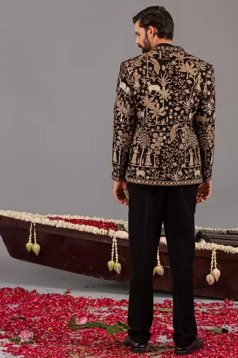 Black georgette embroidered jodhpuri set for mens
