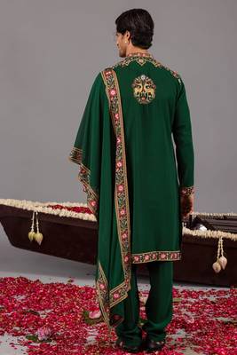 Bottle green georgette embroidered kurta set for mens 4