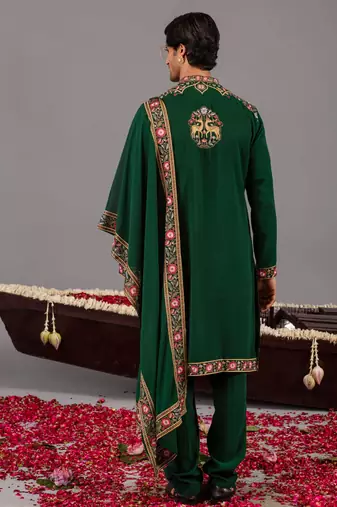 Bottle green georgette embroidered kurta set for mens