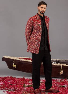 Maroon georgette embroidered jodhpuri set for mens 5