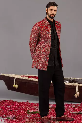 Maroon georgette embroidered jodhpuri set for mens