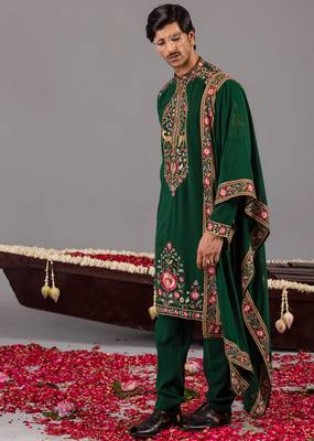 Bottle green georgette embroidered kurta set for mens 5