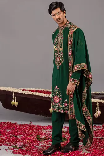Bottle green georgette embroidered kurta set for mens
