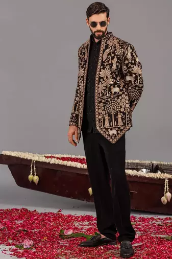 Black georgette embroidered jodhpuri set for mens