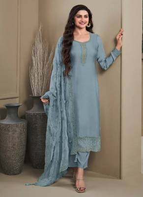 Ivory blue Embroidered Salwar suit-Full Stitched Free size 1