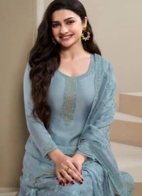 Ivory blue Embroidered Salwar suit-Full Stitched Free size 2
