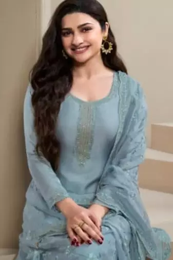 Ivory blue Embroidered Salwar suit-Full Stitched Free size