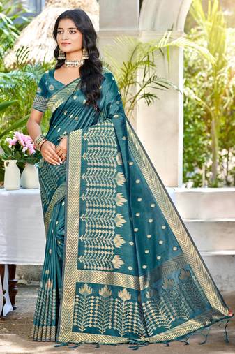 Sangam prints turquoise assam silk woven work traditional saree