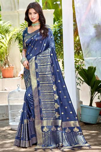 Sangam prints navy blue assam silk woven work traditional saree