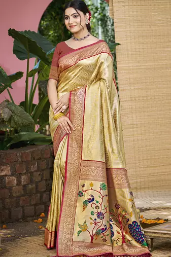 Sangam prints multi color kanjivaram silk woven work traditional saree