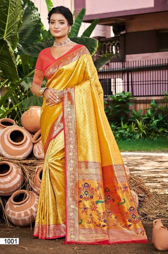 Sangam prints multi color kanjivaram silk woven work traditional saree