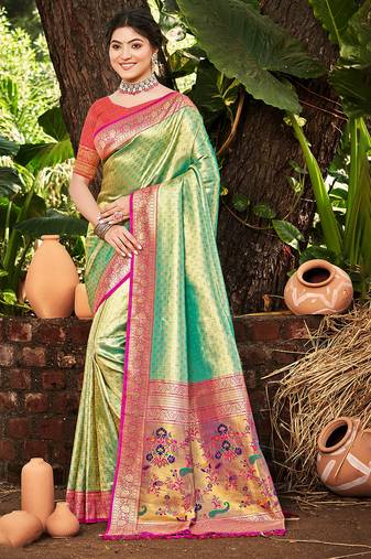 Sangam prints multi color kanjivaram silk woven work traditional saree