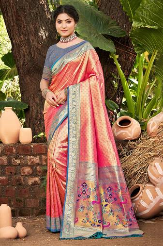 Sangam prints multi color kanjivaram silk woven work traditional saree