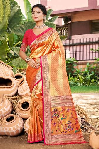 Sangam prints multi color kanjivaram silk woven work traditional saree