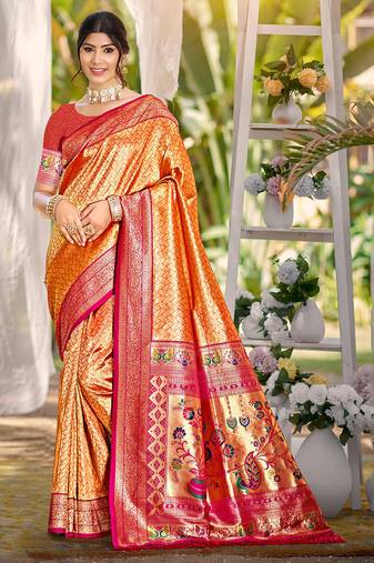 Sangam prints multi color kanjivaram silk woven work traditional saree