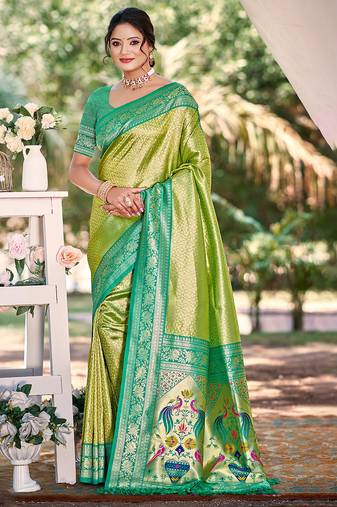 Sangam prints multi color kanjivaram silk woven work traditional saree
