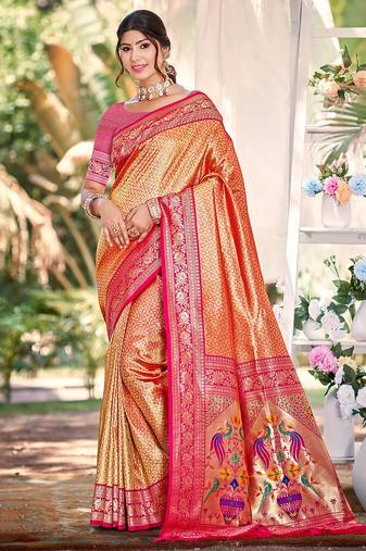Sangam prints multi color kanjivaram silk woven work traditional saree