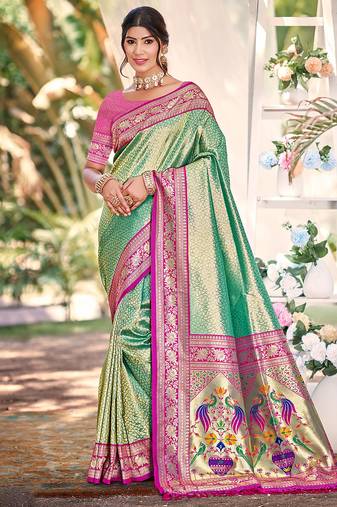 Sangam prints multi color kanjivaram silk woven work traditional saree