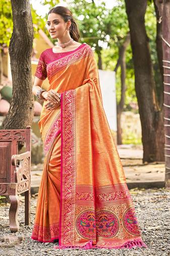 Sangam prints multi color kanjivaram silk woven work traditional saree