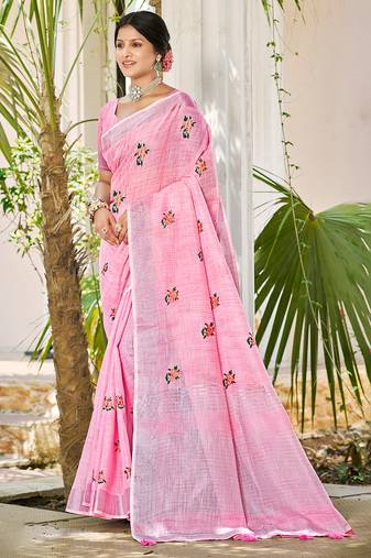 Sangam prints light pink linen woven work traditional saree