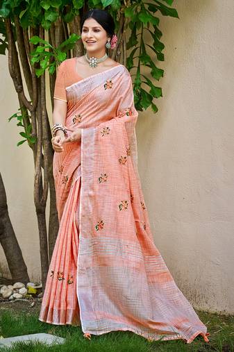 Sangam prints peach linen woven work traditional saree