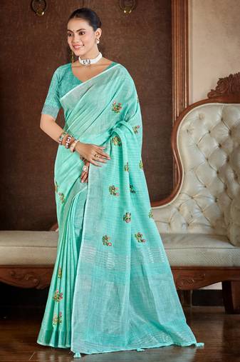 Sangam prints sea green linen woven work traditional saree