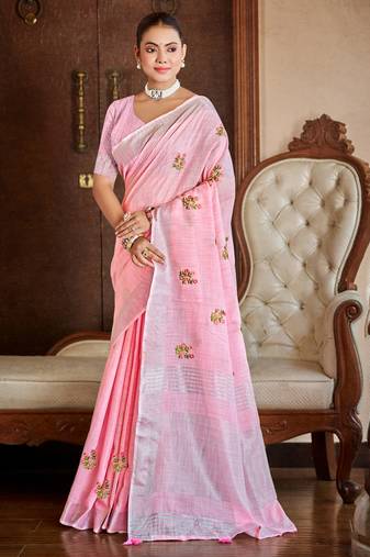 Sangam prints pink linen woven work traditional saree