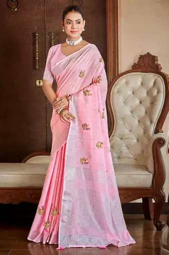 Sangam prints pink linen woven work traditional saree