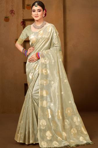 Sangam prints grey munga kota woven work traditional saree