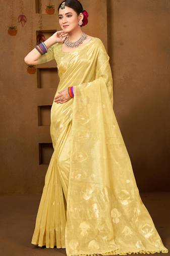 Sangam prints yellow munga kota woven work traditional saree