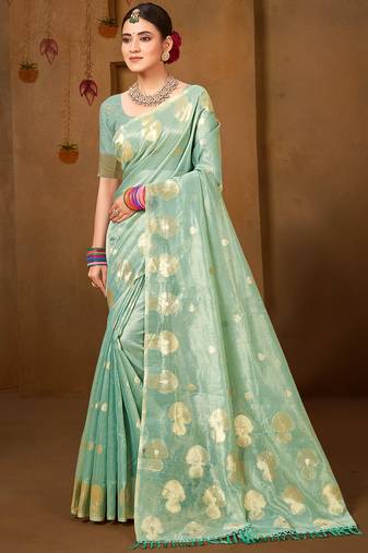 Sangam prints sea green munga kota woven work traditional saree