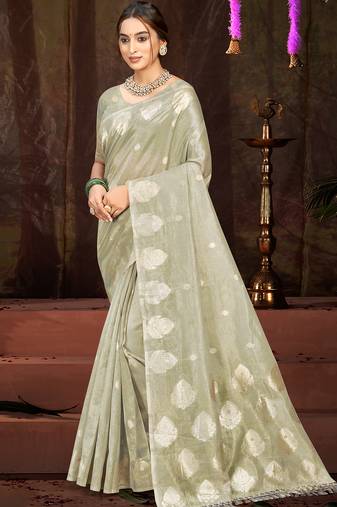 Sangam prints grey munga kota woven work traditional saree