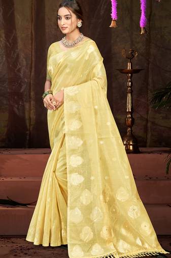 Sangam prints yellow munga kota woven work traditional saree