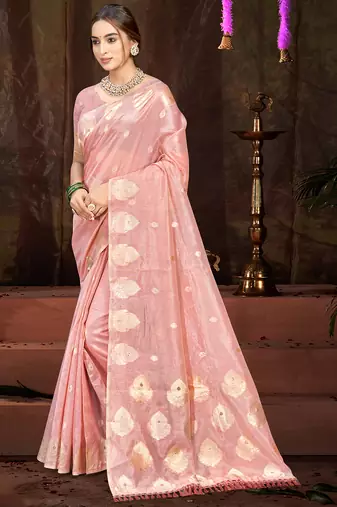 Sangam prints pink munga kota woven work traditional saree