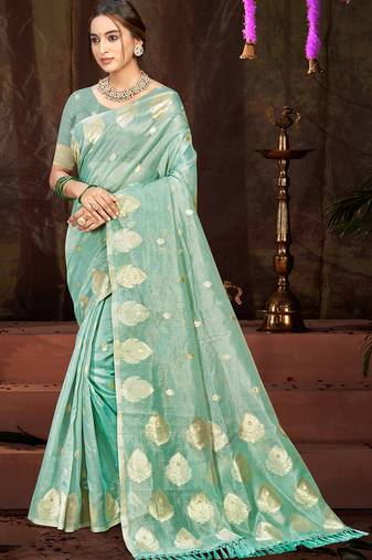 Sangam prints sea green munga kota woven work traditional saree