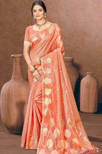 Sangam prints peach munga kota woven work traditional saree