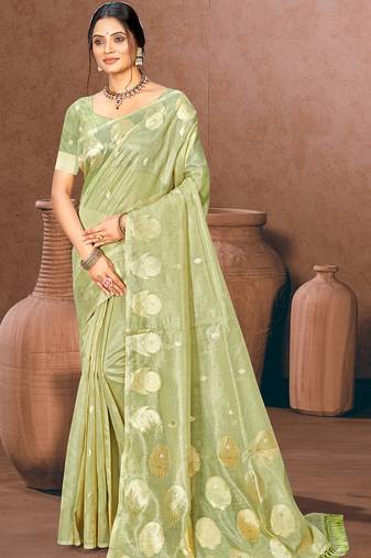 Sangam prints green munga kota woven work traditional saree