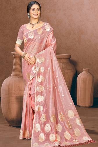 Sangam prints pink munga kota woven work traditional saree