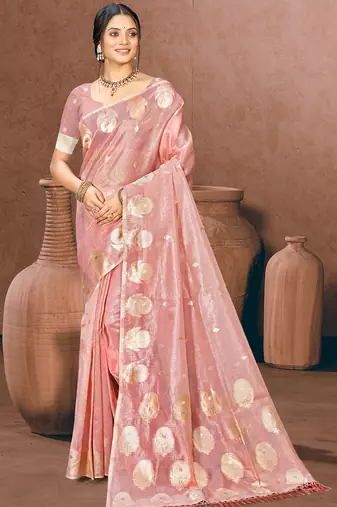 Sangam prints pink munga kota woven work traditional saree