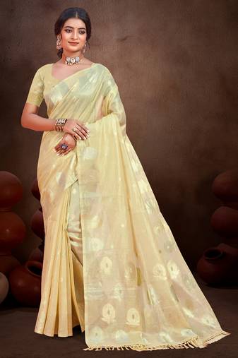 Sangam prints golden munga kota woven work traditional saree