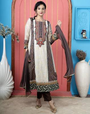Beige embroidered silk stitched anarkali trouser kurta dupatta readymade suits 1
