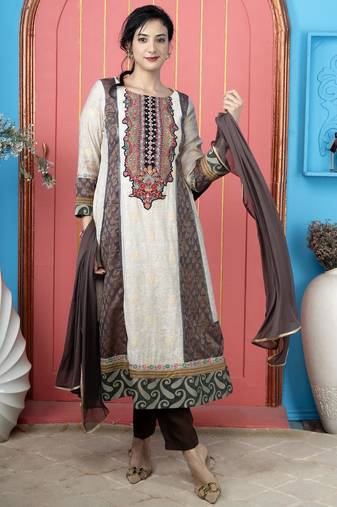 Beige embroidered silk stitched anarkali trouser kurta dupatta readymade suits