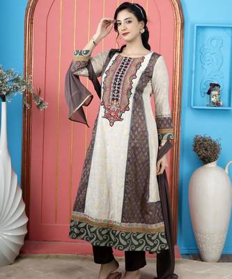 Beige embroidered silk stitched anarkali trouser kurta dupatta readymade suits 2