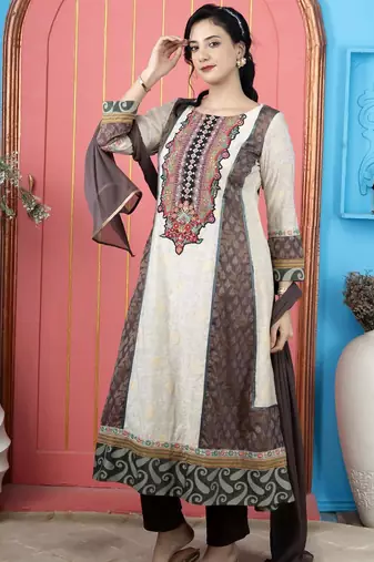 Beige embroidered silk stitched anarkali trouser kurta dupatta readymade suits