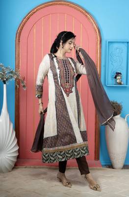 Beige embroidered silk stitched anarkali trouser kurta dupatta readymade suits 3