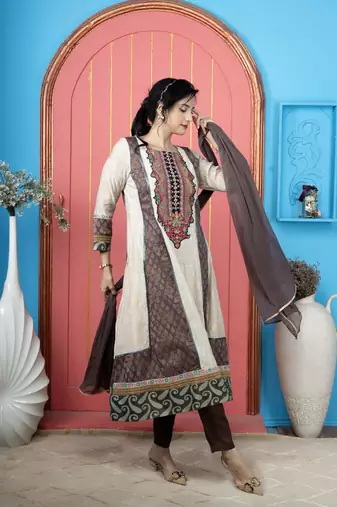 Beige embroidered silk stitched anarkali trouser kurta dupatta readymade suits