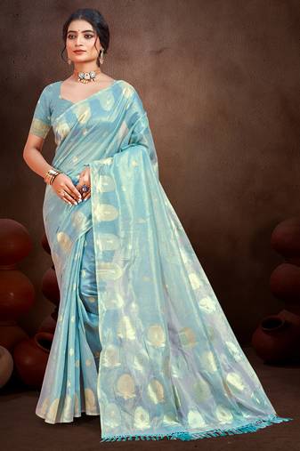 Sangam prints sky blue munga kota woven work traditional saree