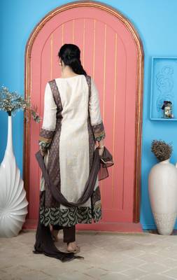Beige embroidered silk stitched anarkali trouser kurta dupatta readymade suits 4