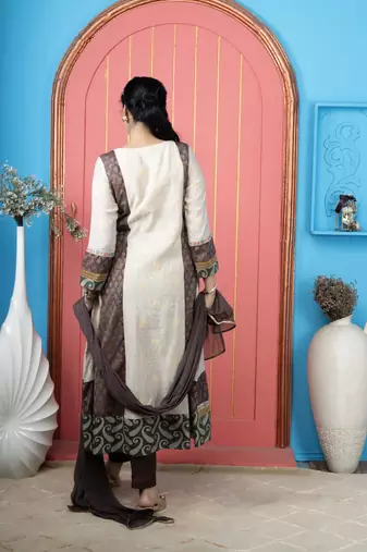 Beige embroidered silk stitched anarkali trouser kurta dupatta readymade suits