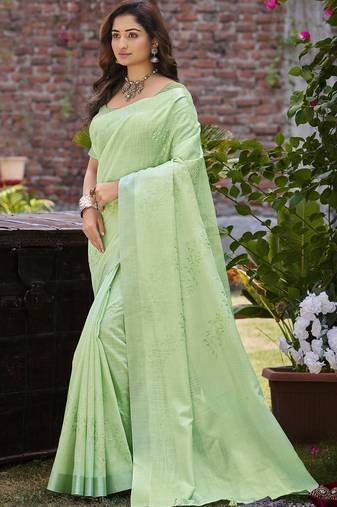 Sangam prints green linen woven work traditional saree